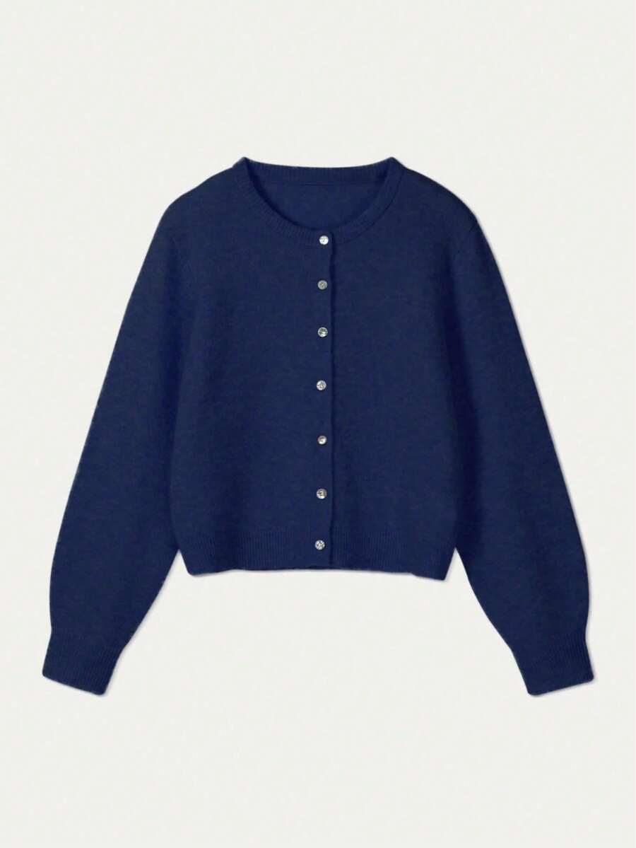Damen Strickjacke Y2K Stil – Lässiger Rundhals Cardigan mit Knopfleiste für Alltag & Büro