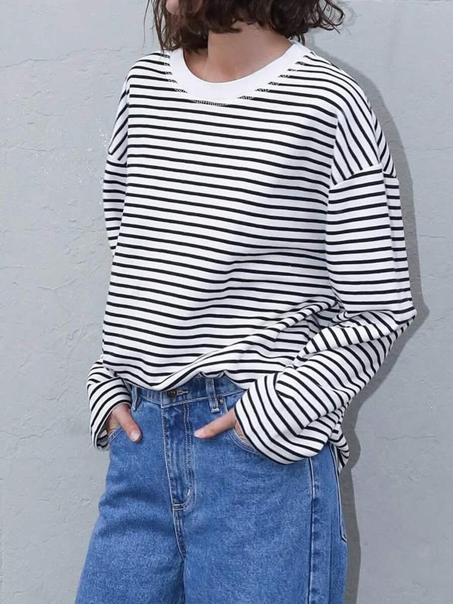 Damen Gestreiftes Top Rippstoff – Lässiges Kontrast-Shirt für Frühling & Herbst
