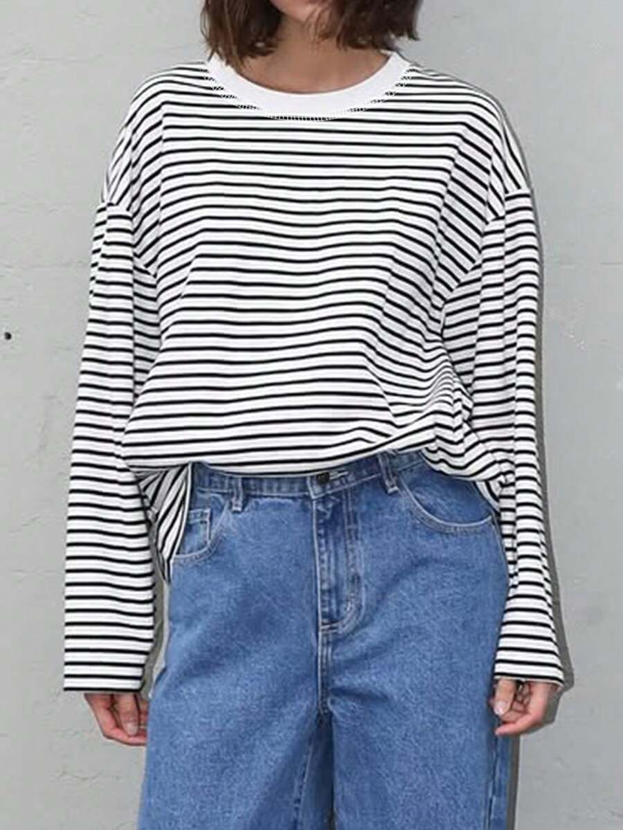 Damen Gestreiftes Top Rippstoff – Lässiges Kontrast-Shirt für Frühling & Herbst