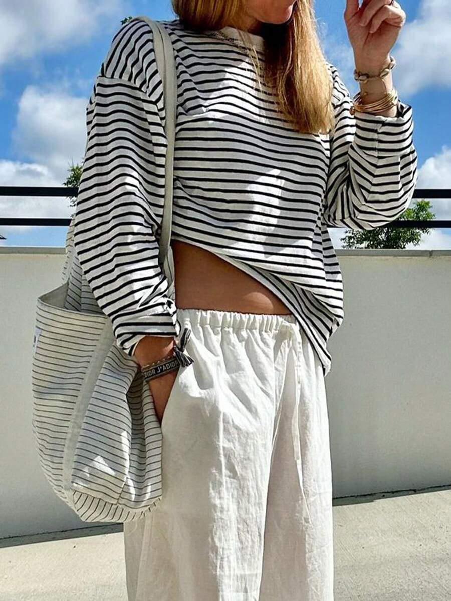 Damen Gestreiftes Top Rippstoff – Lässiges Kontrast-Shirt für Frühling & Herbst