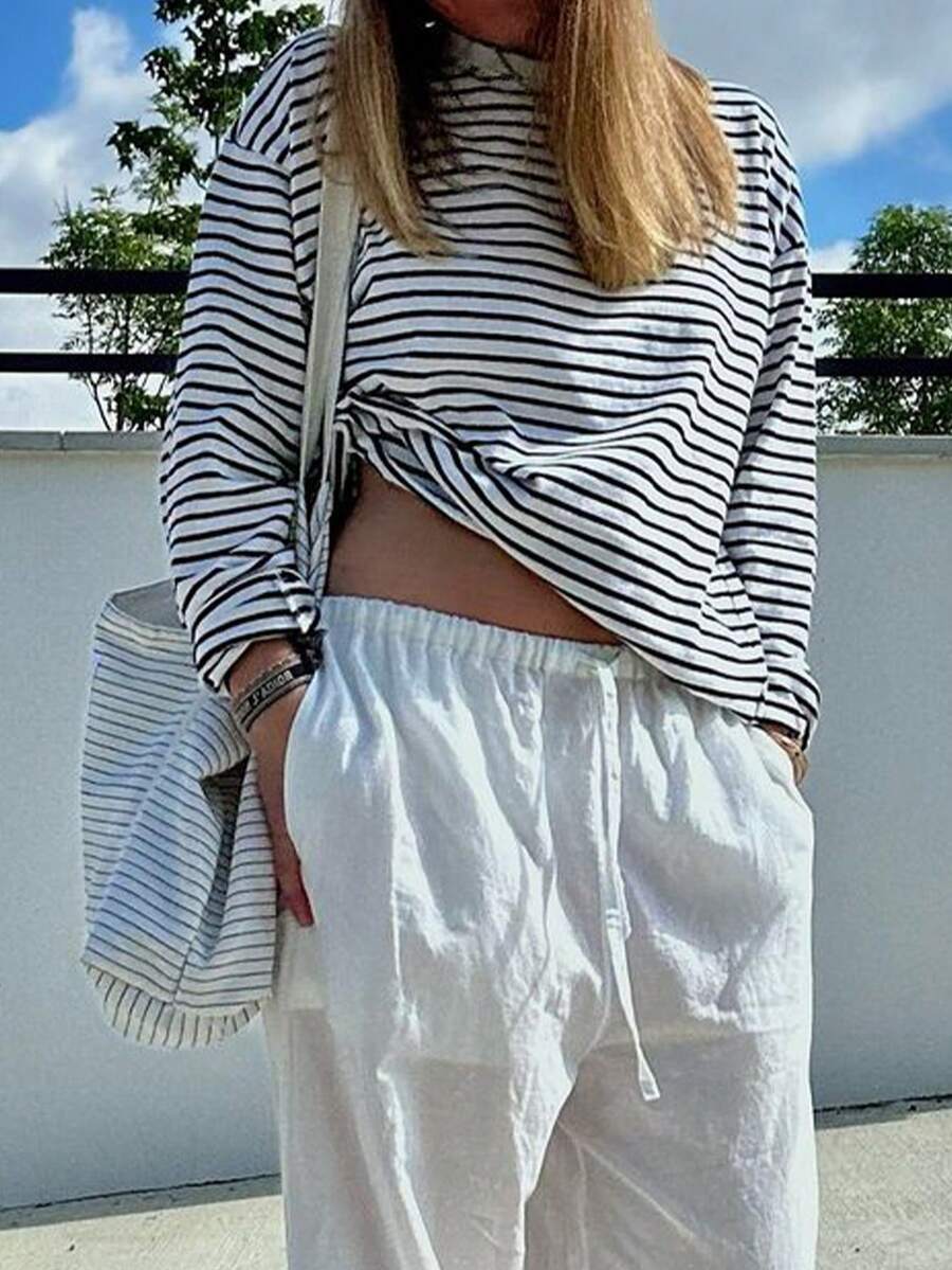 Damen Gestreiftes Top Rippstoff – Lässiges Kontrast-Shirt für Frühling & Herbst
