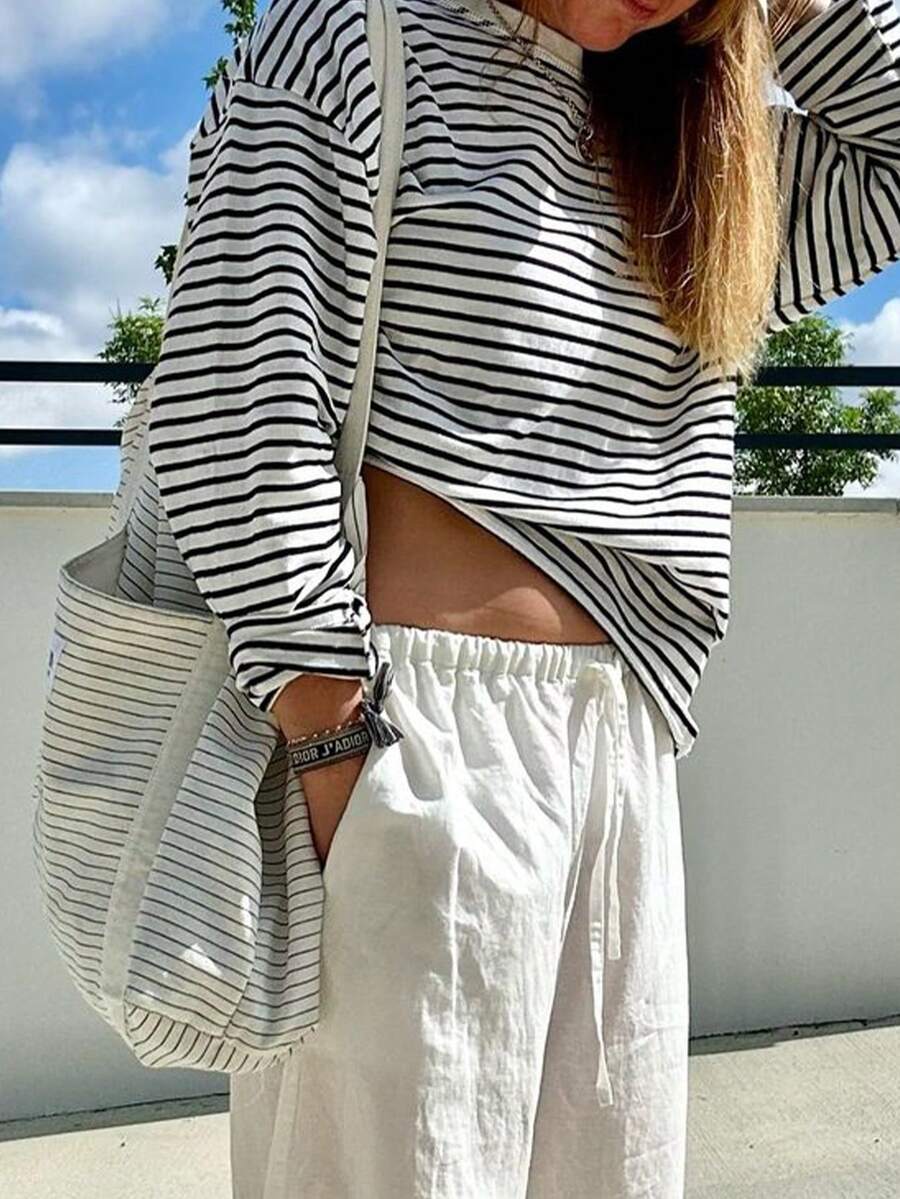 Damen Gestreiftes Top Rippstoff – Lässiges Kontrast-Shirt für Frühling & Herbst