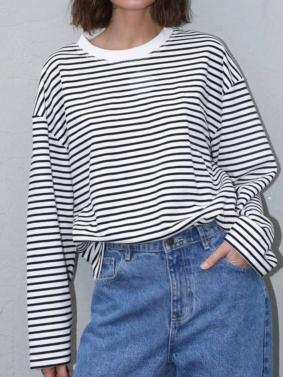 Damen Gestreiftes Top Rippstoff – Lässiges Kontrast-Shirt für Frühling & Herbst