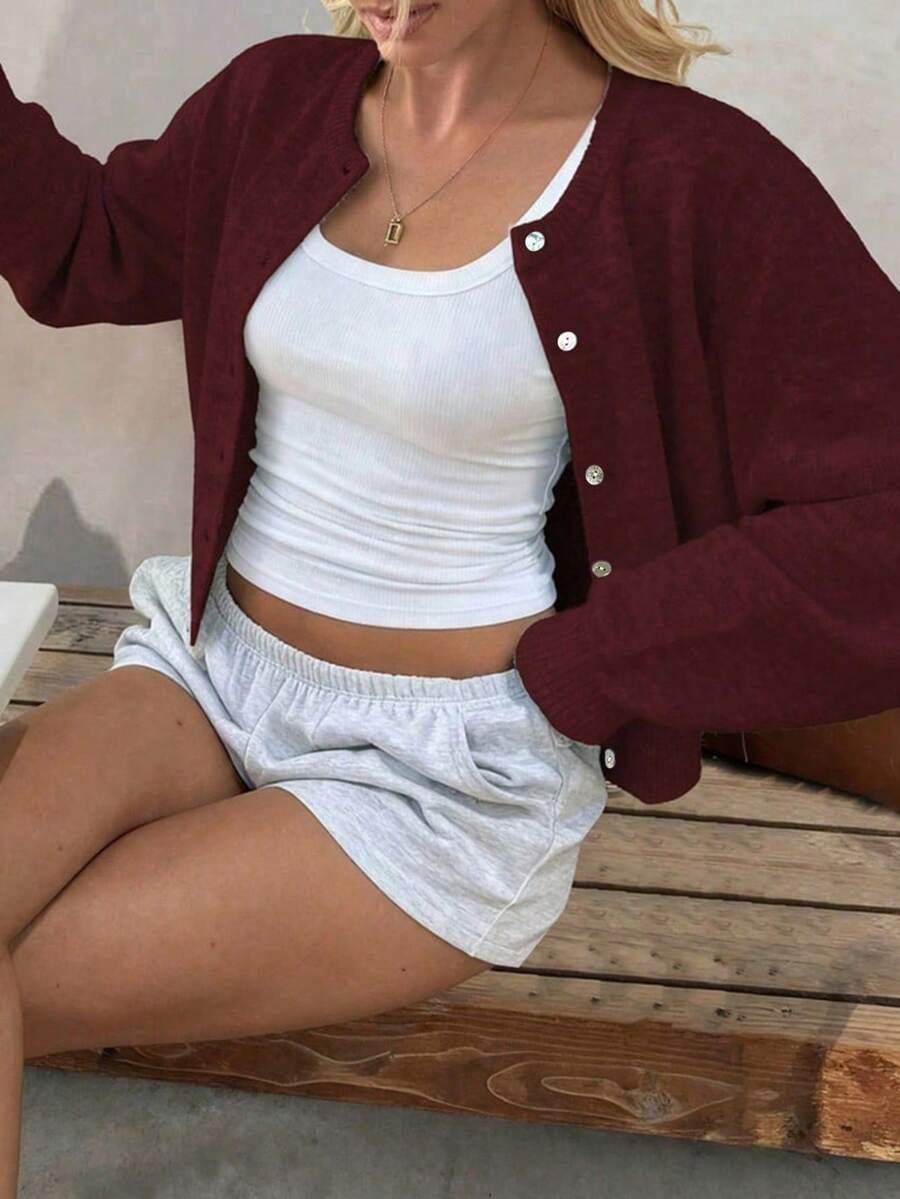 Damen Strickjacke Y2K Stil – Lässiger Rundhals Cardigan mit Knopfleiste für Alltag & Büro