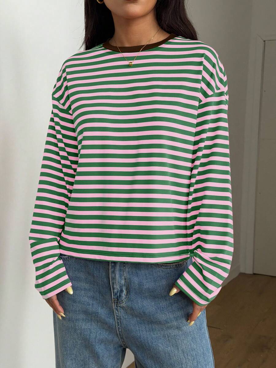 Damen Gestreiftes Top Rippstoff – Lässiges Kontrast-Shirt für Frühling & Herbst