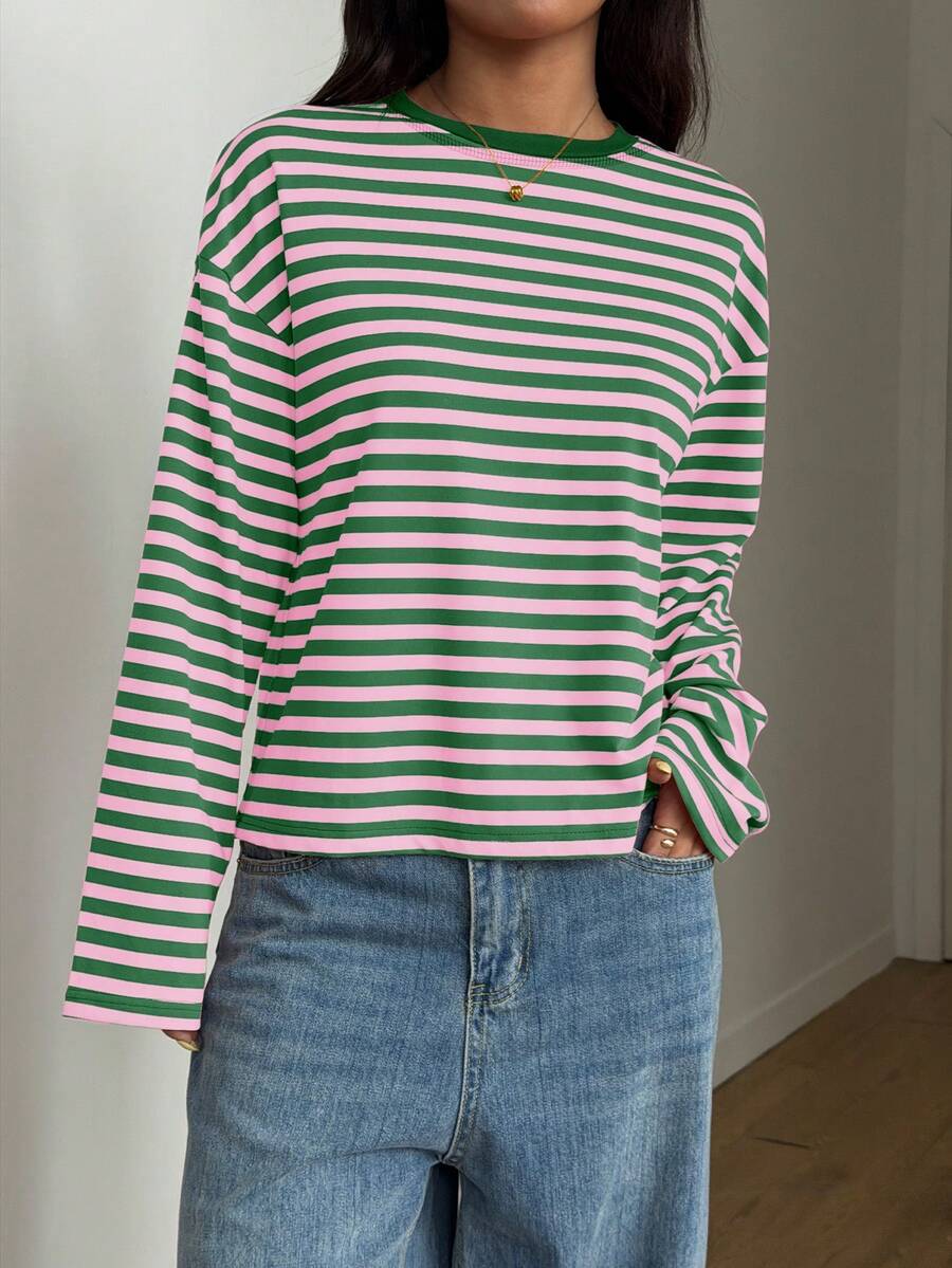 Damen Gestreiftes Top Rippstoff – Lässiges Kontrast-Shirt für Frühling & Herbst