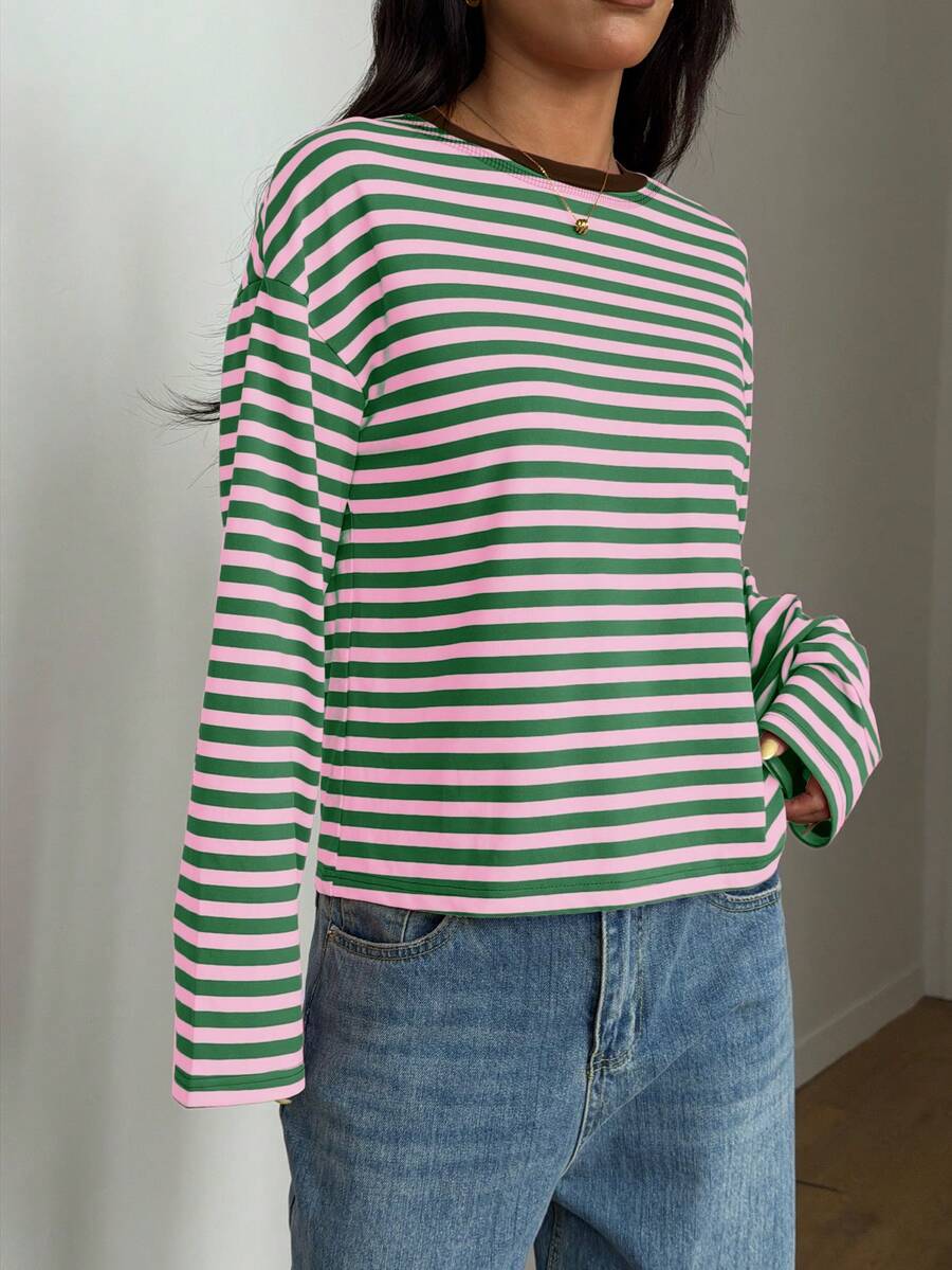 Damen Gestreiftes Top Rippstoff – Lässiges Kontrast-Shirt für Frühling & Herbst