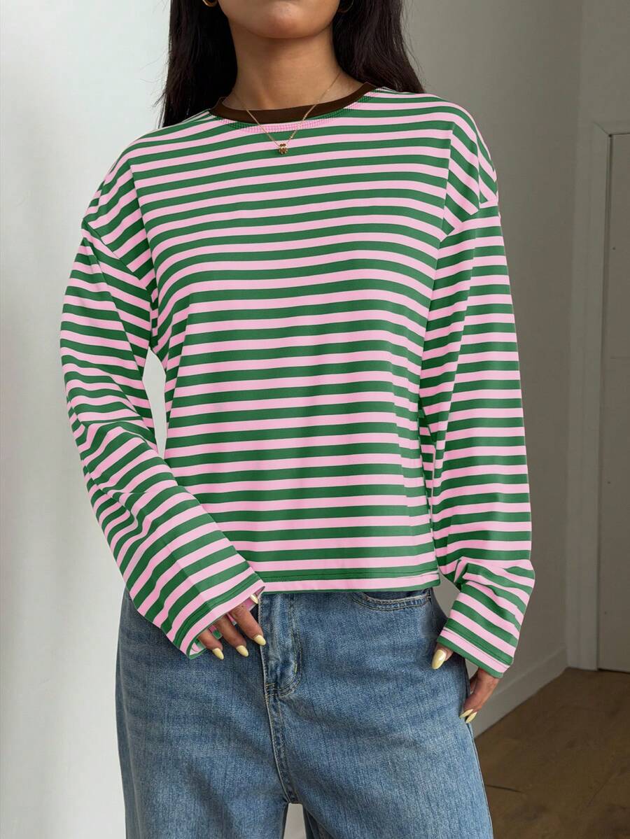 Damen Gestreiftes Top Rippstoff – Lässiges Kontrast-Shirt für Frühling & Herbst