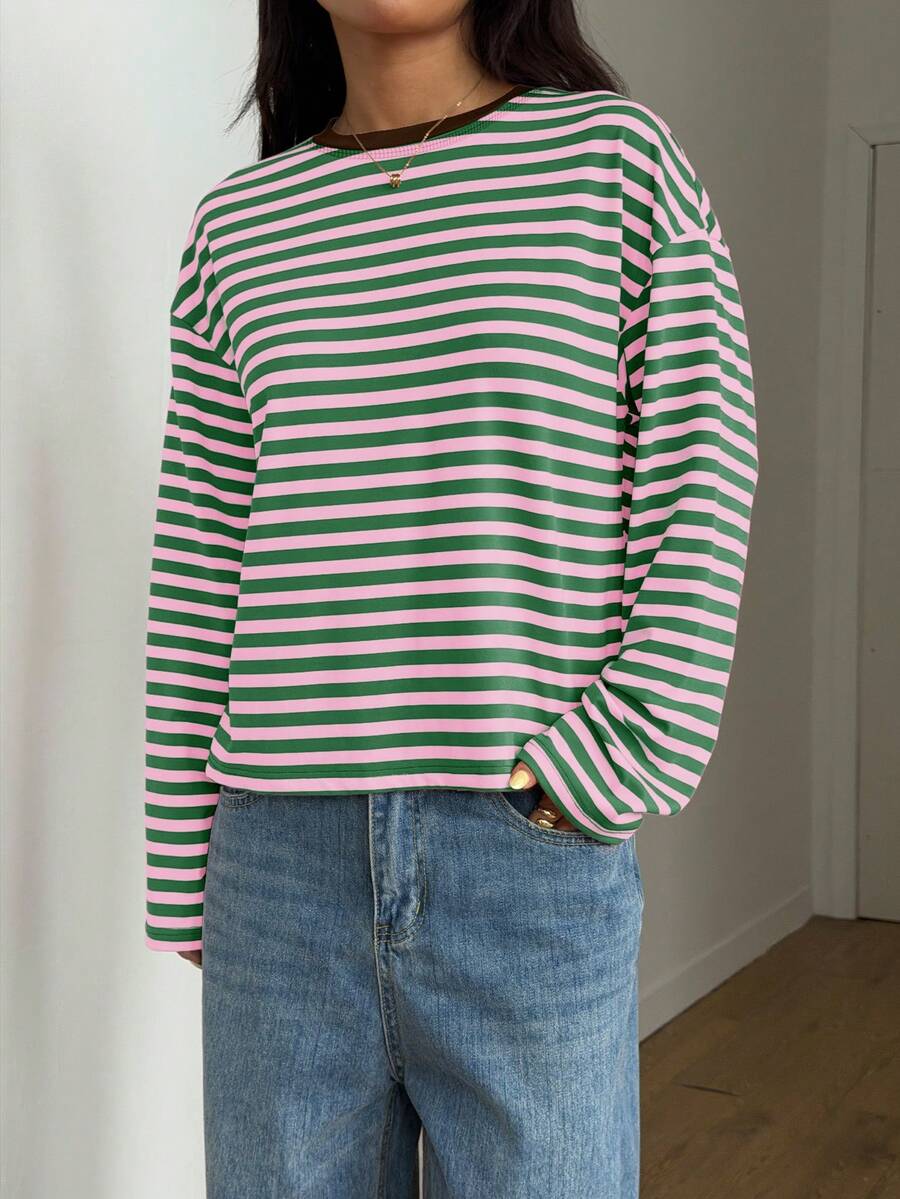 Damen Gestreiftes Top Rippstoff – Lässiges Kontrast-Shirt für Frühling & Herbst