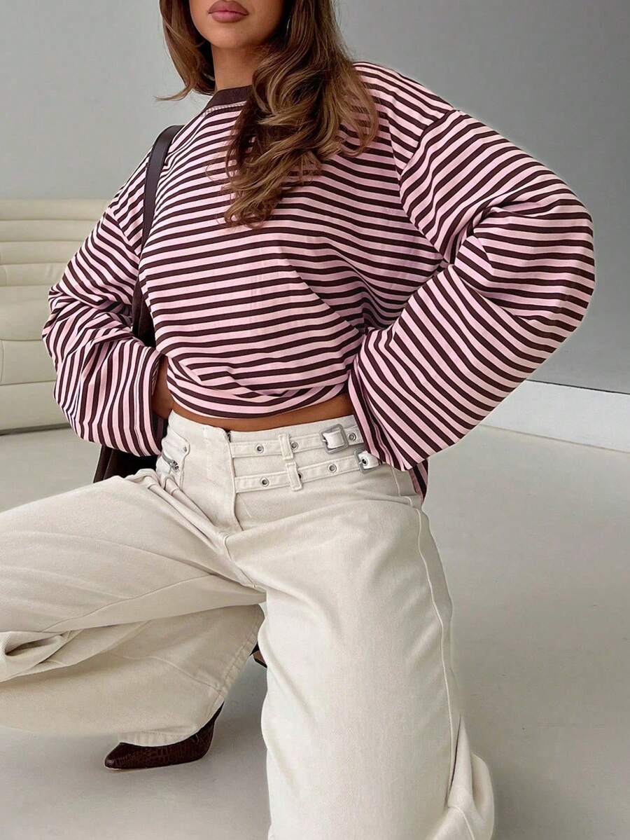 Damen Gestreiftes Top Rippstoff – Lässiges Kontrast-Shirt für Frühling & Herbst