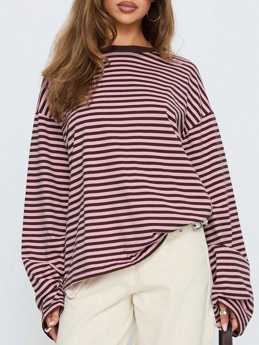 Damen Gestreiftes Top Rippstoff – Lässiges Kontrast-Shirt für Frühling & Herbst