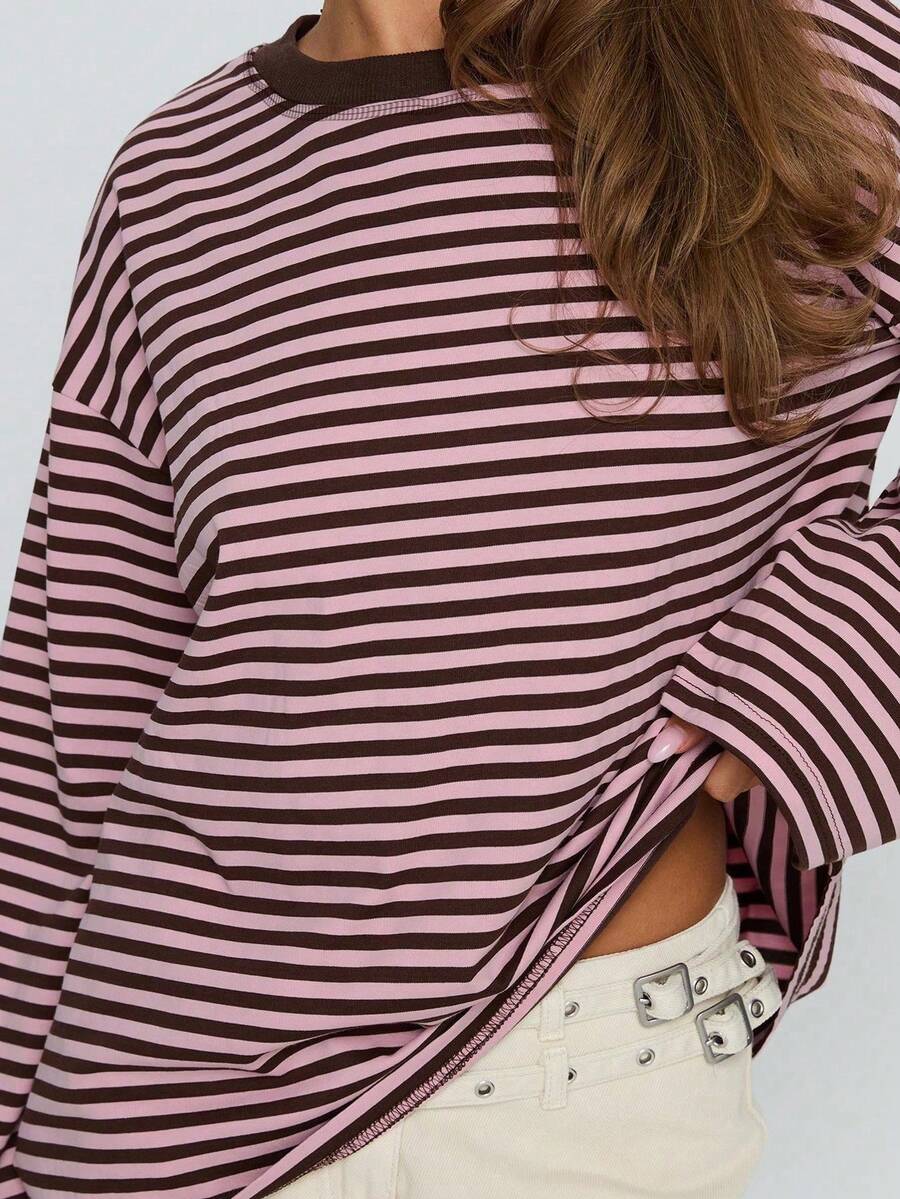 Damen Gestreiftes Top Rippstoff – Lässiges Kontrast-Shirt für Frühling & Herbst