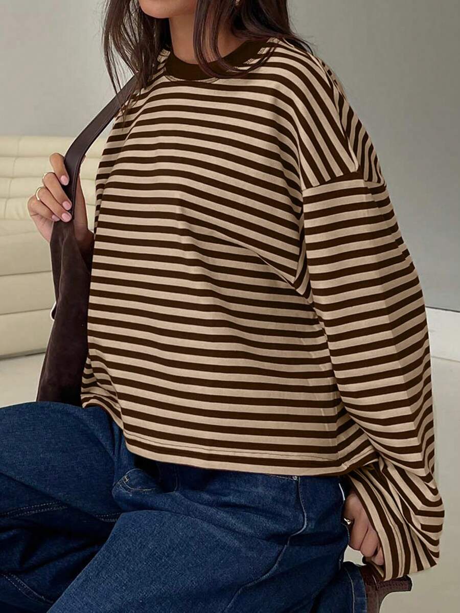 Damen Gestreiftes Top Rippstoff – Lässiges Kontrast-Shirt für Frühling & Herbst