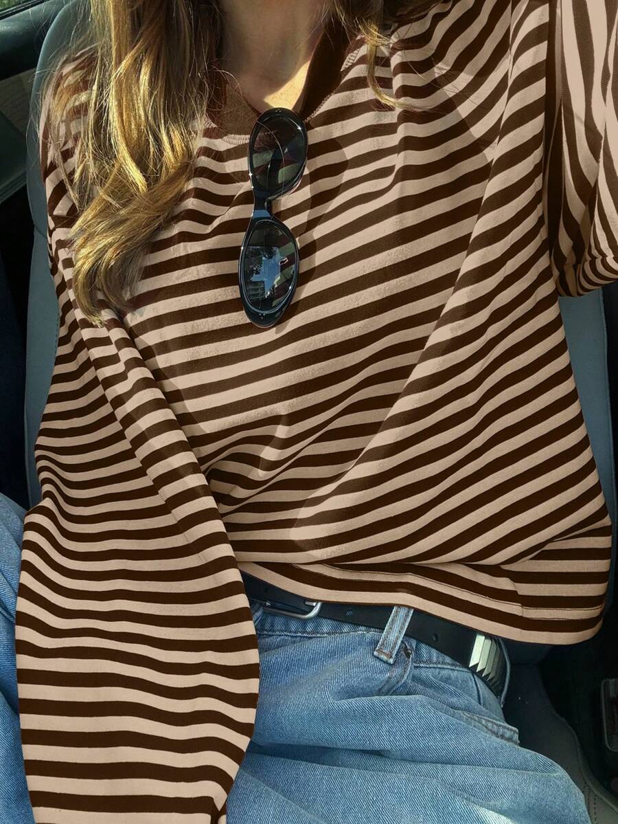 Damen Gestreiftes Top Rippstoff – Lässiges Kontrast-Shirt für Frühling & Herbst
