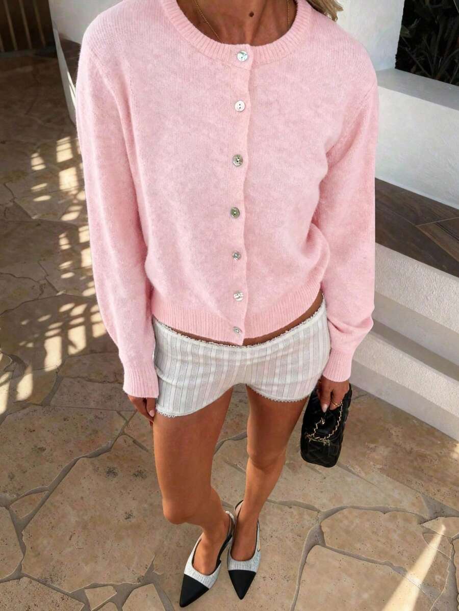 Damen Strickjacke Y2K Stil – Lässiger Rundhals Cardigan mit Knopfleiste für Alltag & Büro