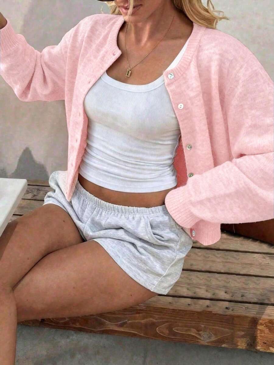 Damen Strickjacke Y2K Stil – Lässiger Rundhals Cardigan mit Knopfleiste für Alltag & Büro