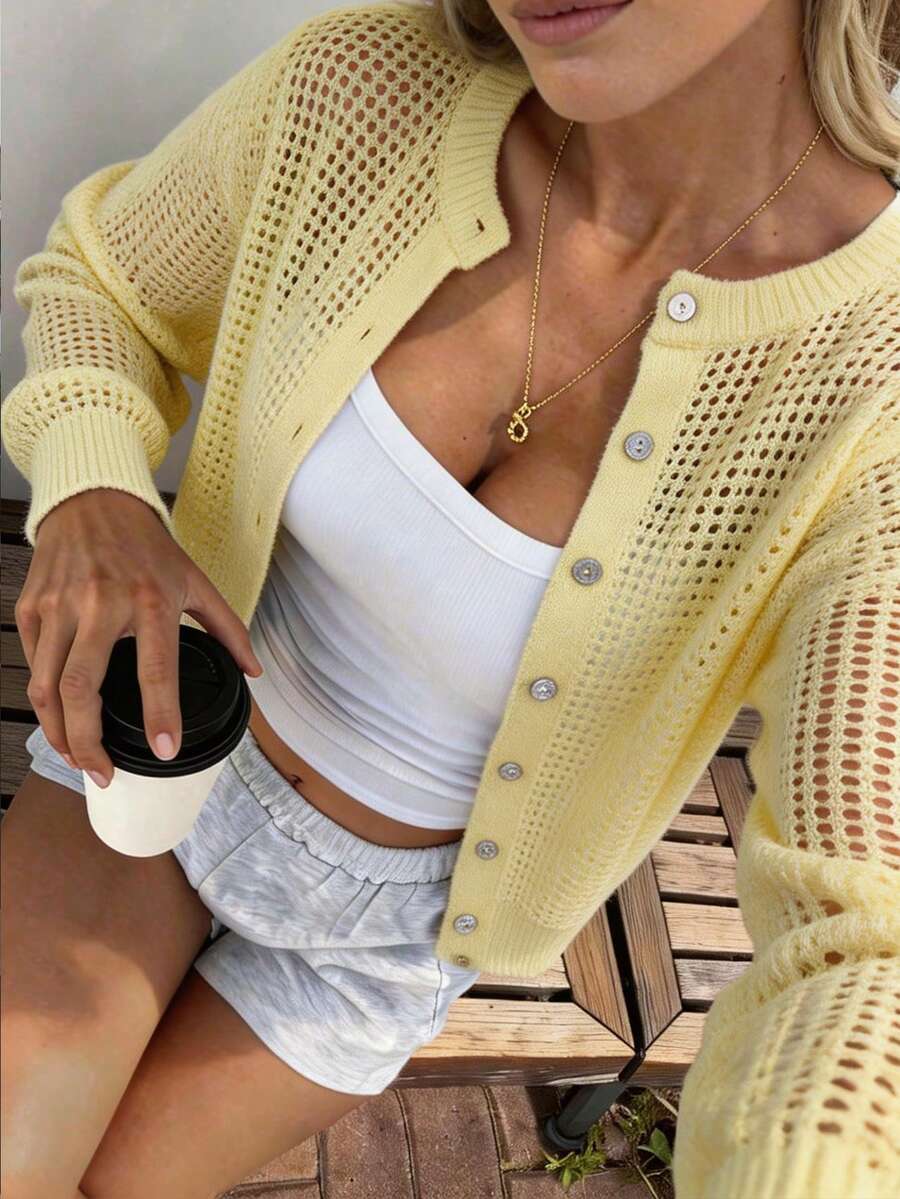 Damen Strickjacke Y2K Stil – Lässiger Rundhals Cardigan mit Knopfleiste für Alltag & Büro