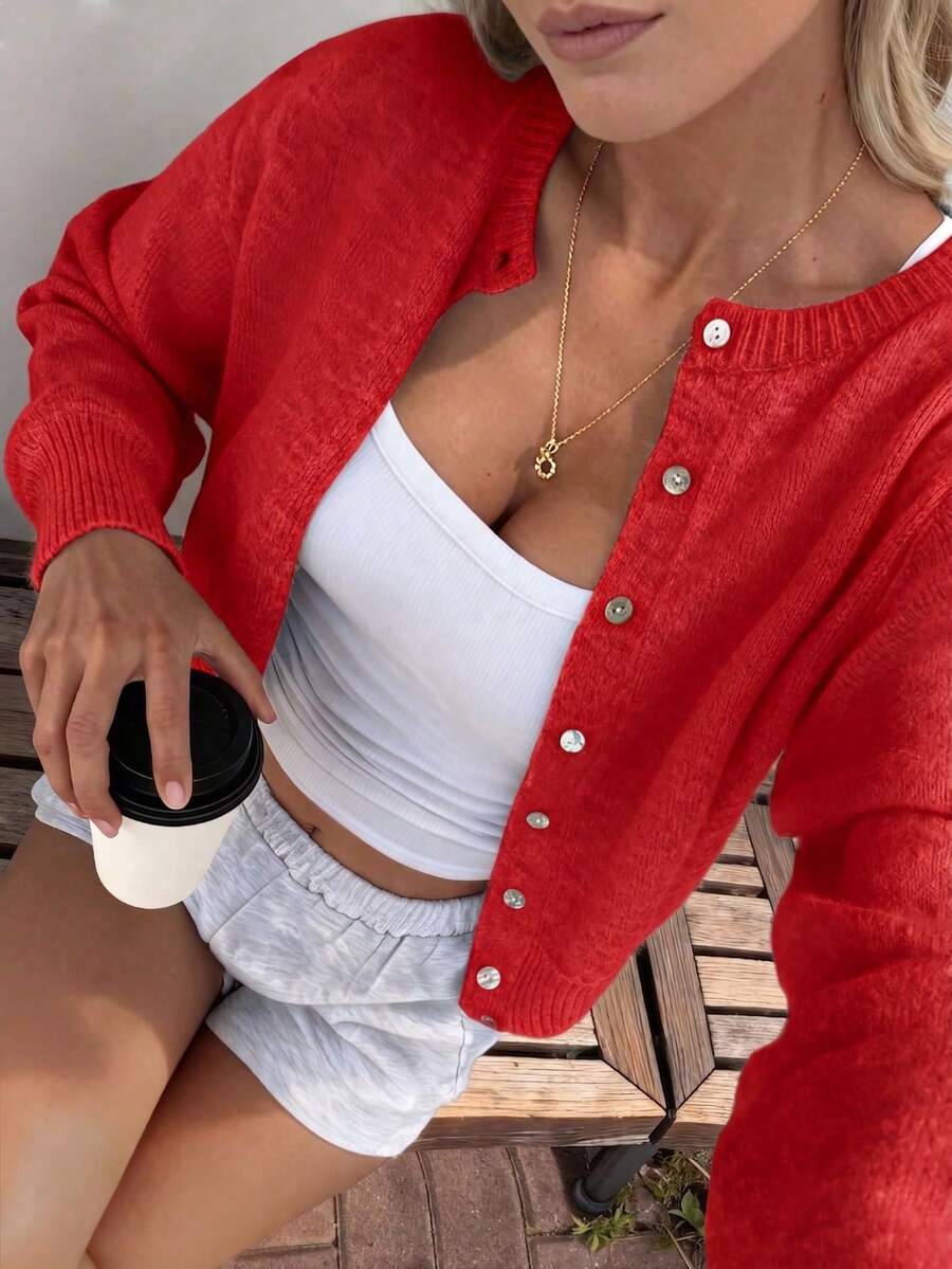 Damen Strickjacke Y2K Stil – Lässiger Rundhals Cardigan mit Knopfleiste für Alltag & Büro
