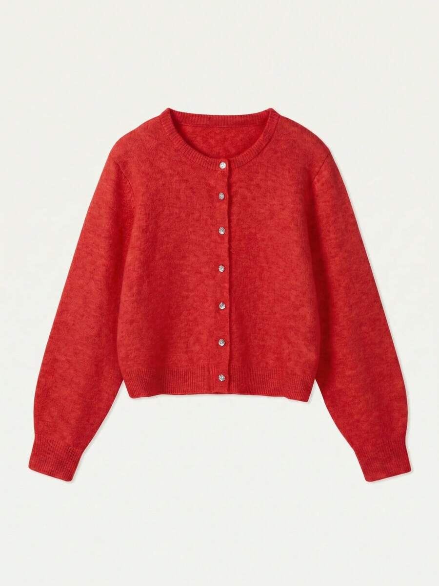 Damen Strickjacke Y2K Stil – Lässiger Rundhals Cardigan mit Knopfleiste für Alltag & Büro