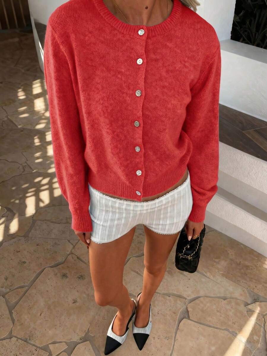 Damen Strickjacke Y2K Stil – Lässiger Rundhals Cardigan mit Knopfleiste für Alltag & Büro