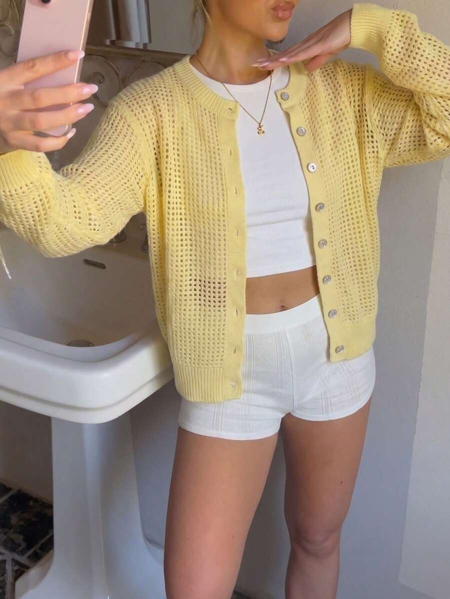 Damen Strickjacke Y2K Stil – Lässiger Rundhals Cardigan mit Knopfleiste für Alltag & Büro