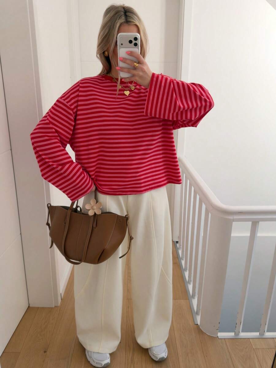Damen Gestreiftes Top Rippstoff – Lässiges Kontrast-Shirt für Frühling & Herbst