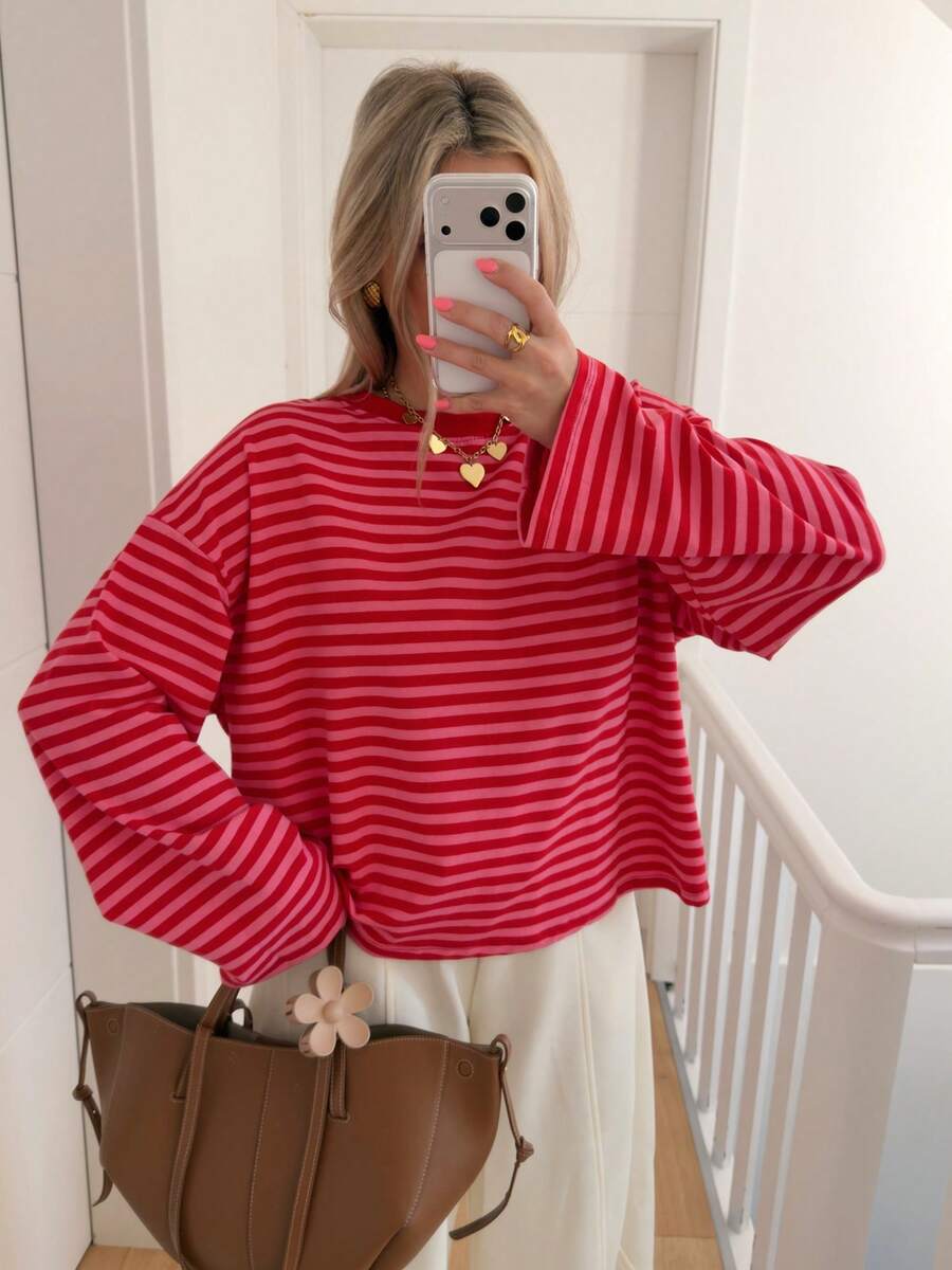 Damen Gestreiftes Top Rippstoff – Lässiges Kontrast-Shirt für Frühling & Herbst