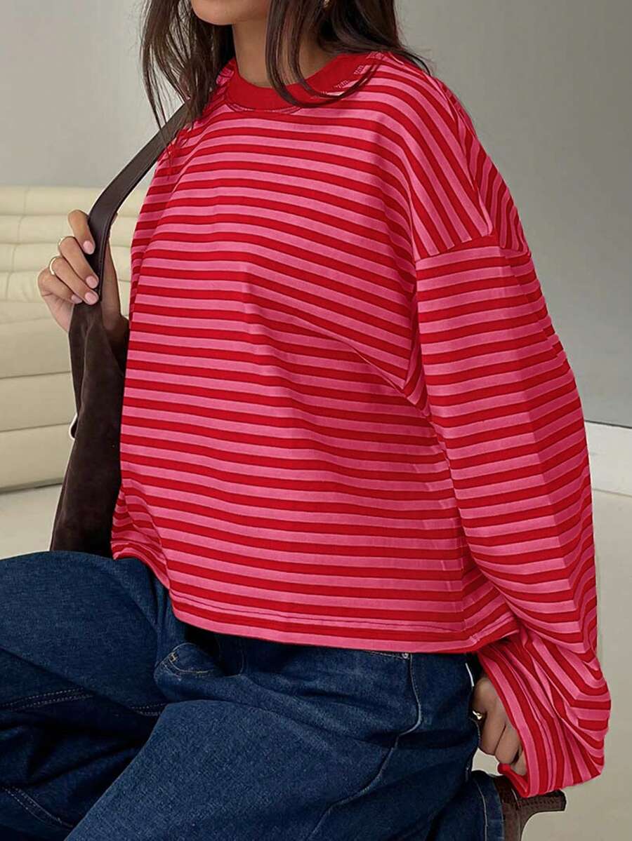 Damen Gestreiftes Top Rippstoff – Lässiges Kontrast-Shirt für Frühling & Herbst