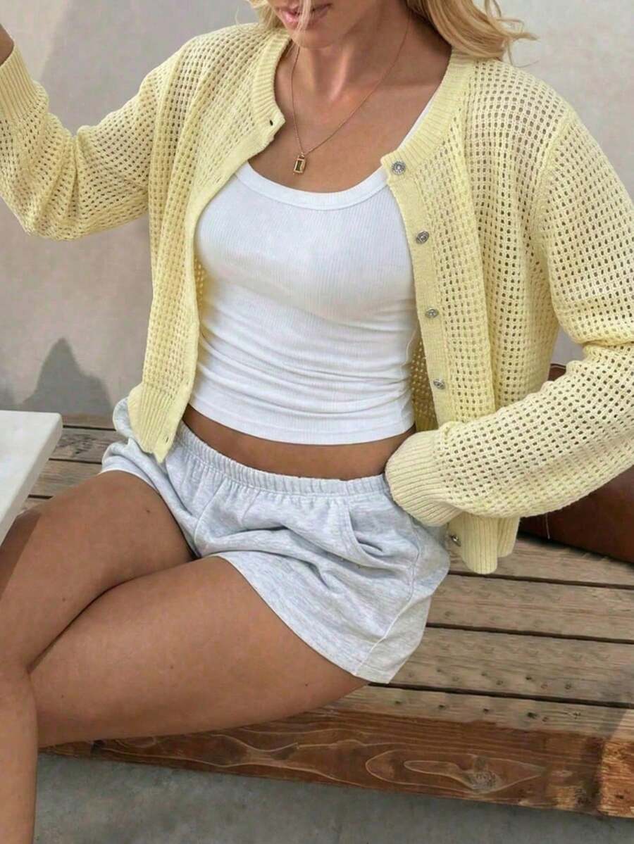 Damen Strickjacke Y2K Stil – Lässiger Rundhals Cardigan mit Knopfleiste für Alltag & Büro