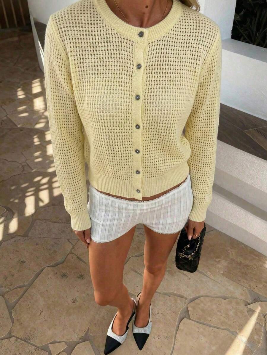 Damen Strickjacke Y2K Stil – Lässiger Rundhals Cardigan mit Knopfleiste für Alltag & Büro