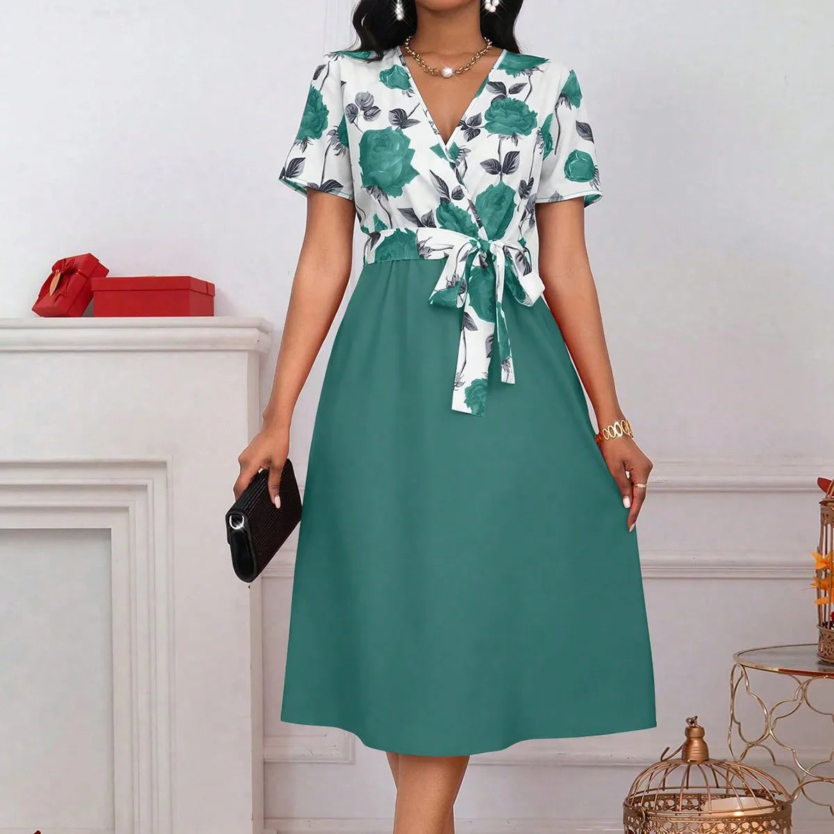 Blumenprint Midikleid mit V-Ausschnitt für Damen