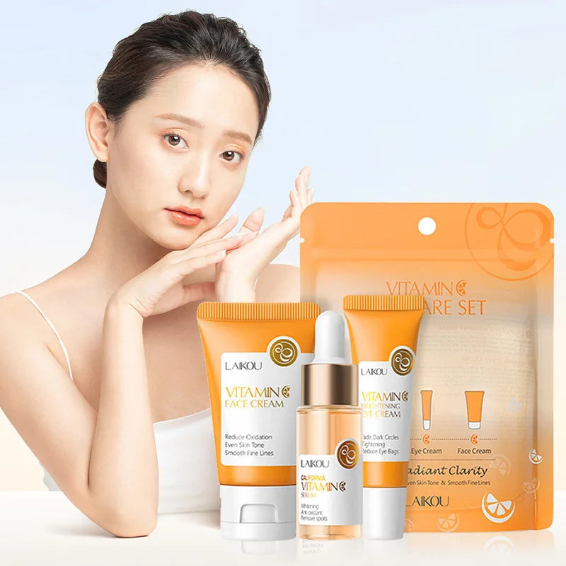 LAIKOU Vitamin C Hautpflege-Sets 3-teilig Gesichtscreme Serum Augencreme Feuchtigkeitsspendend Anti-Falten Gesichtspflege-Kit