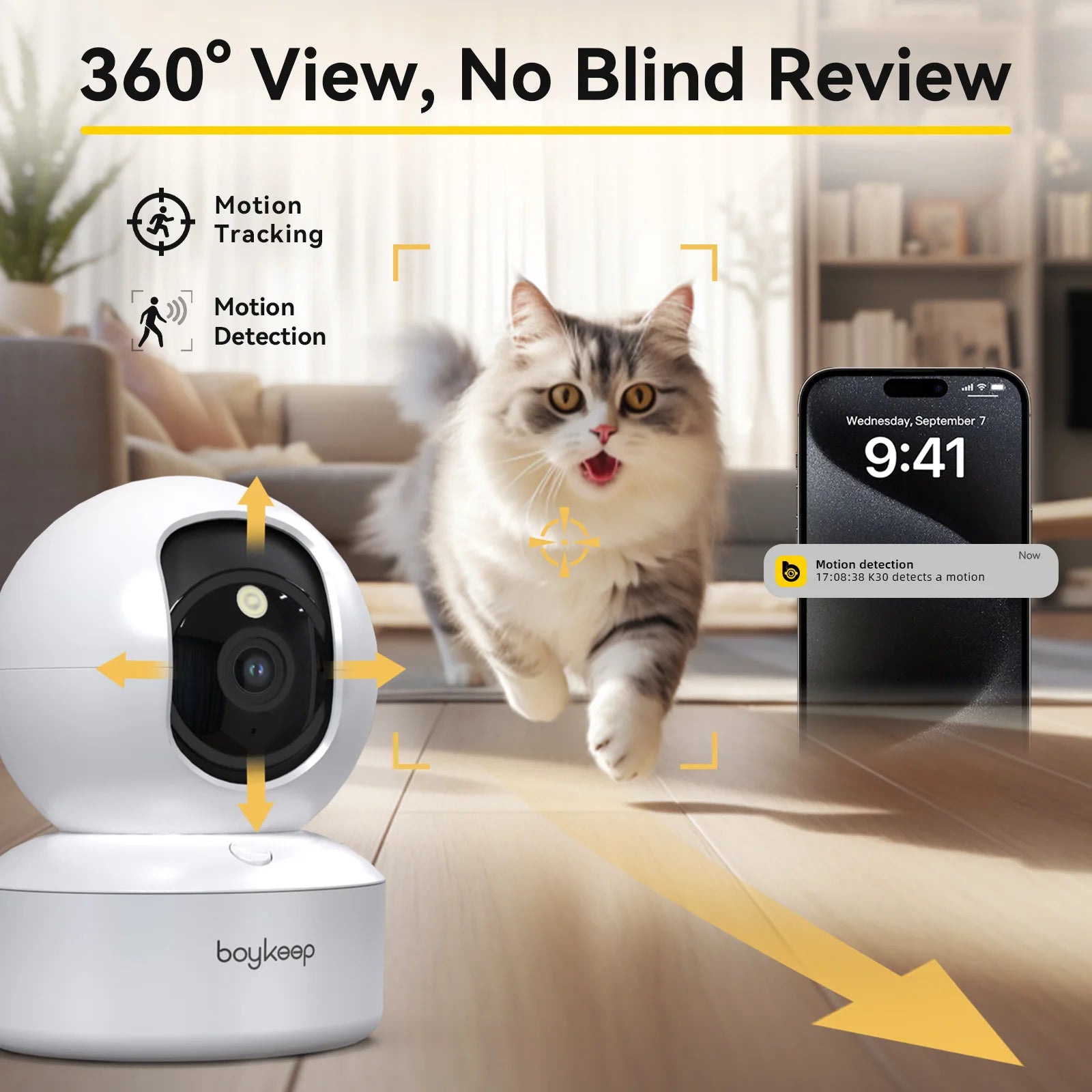 Boykeep 2K Hundekamera mit App – WiFi Innenkamera, 360° Schwenk, Nachtsicht