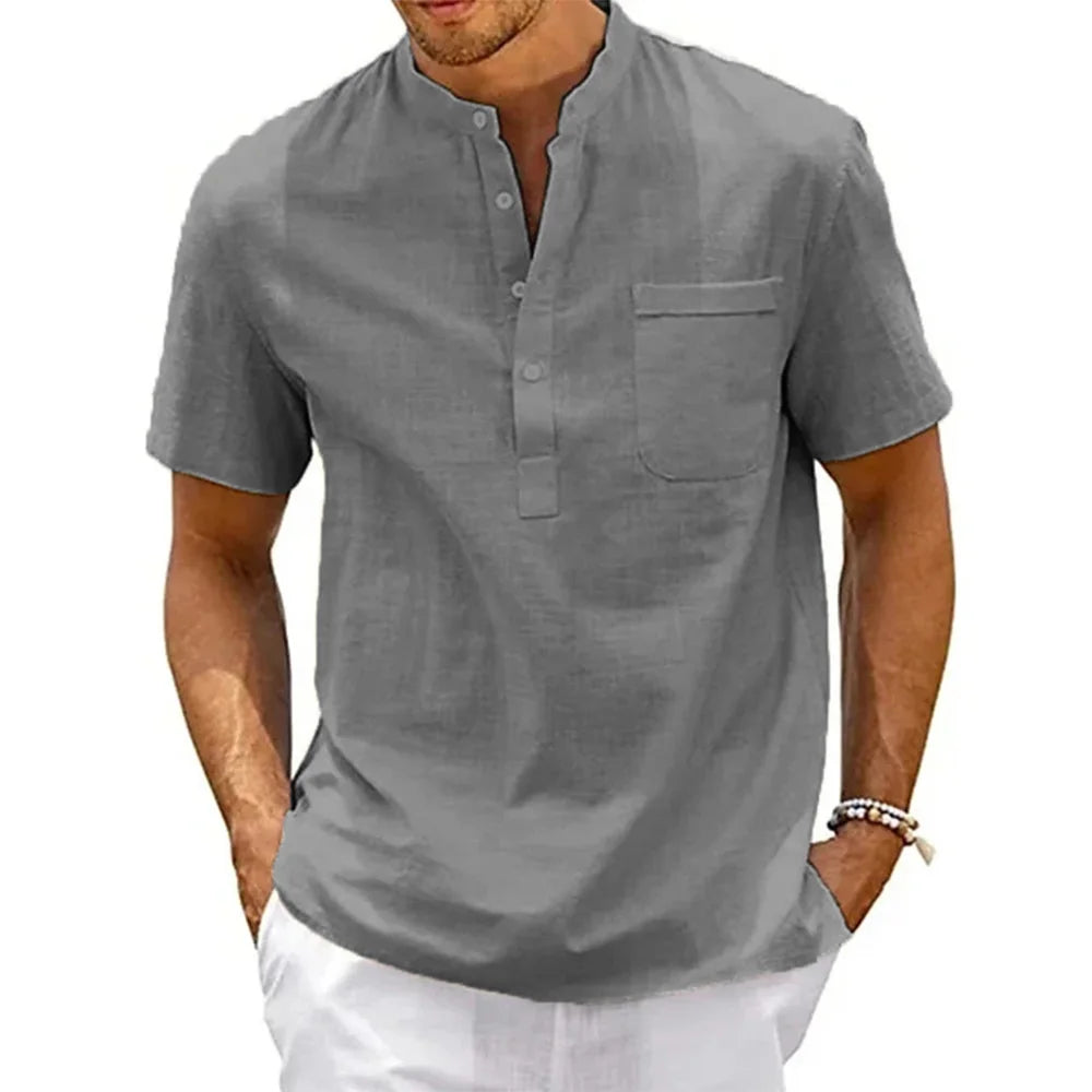 Herren Leinenhemd mit Henley-Kragen