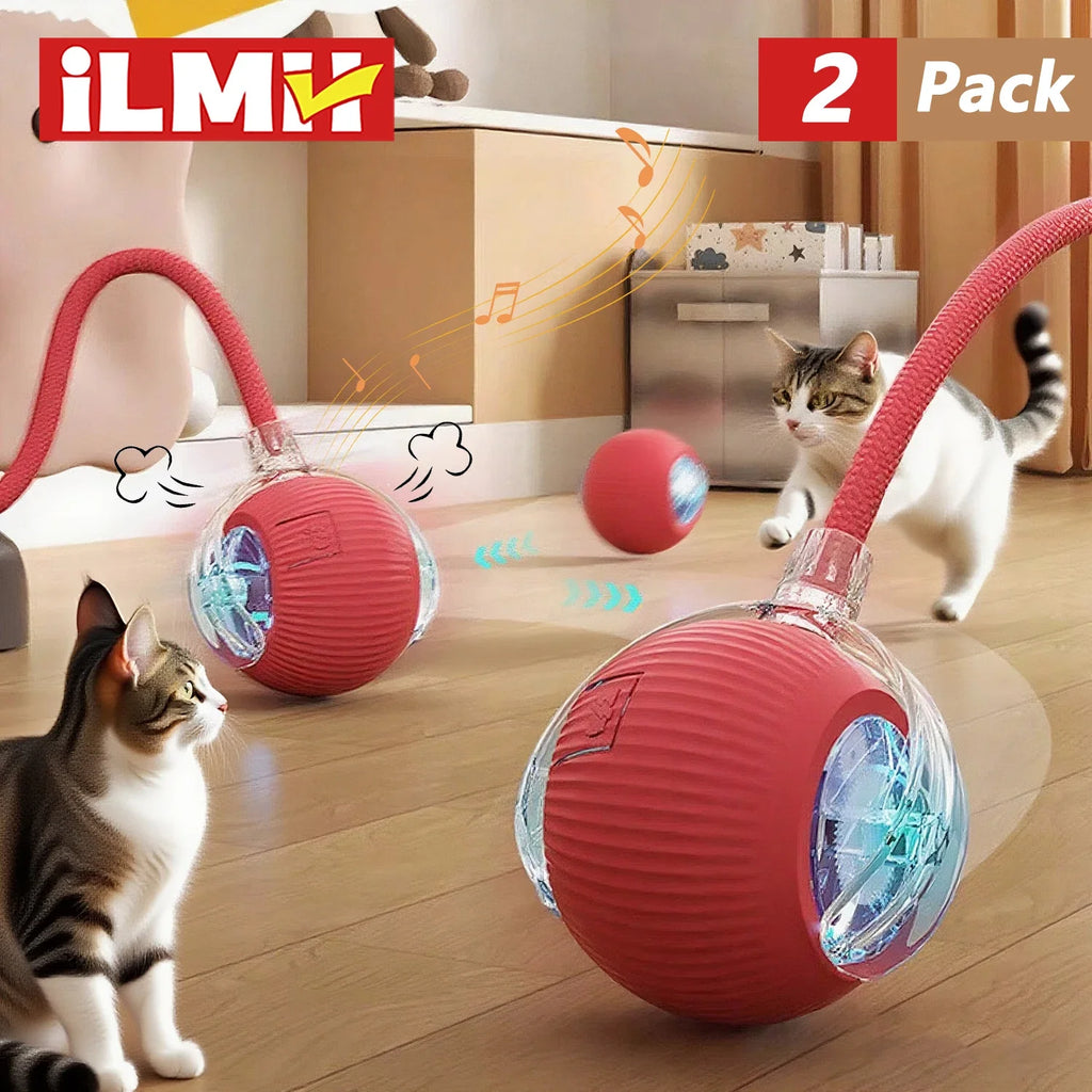 iLMH 1/2 Stück Interaktiver Katzenball, automatisch rollender Ball mit Kunstfellschwanz, wiederaufladbares intelligentes elektrisches Haustierspielzeug, Haustierspielzeug, das Maus imitiert