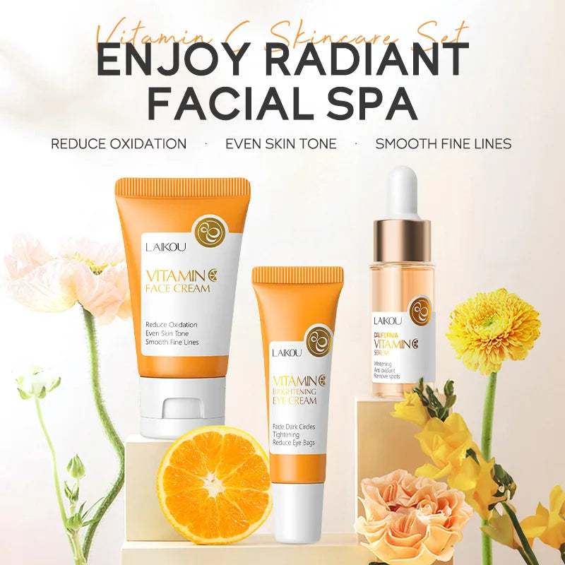 LAIKOU Vitamin C Hautpflege-Sets 3-teilig Gesichtscreme Serum Augencreme Feuchtigkeitsspendend Anti-Falten Gesichtspflege-Kit