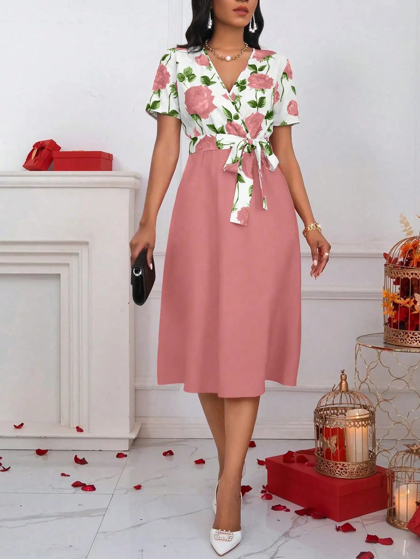 Blumenprint Midikleid mit V-Ausschnitt für Damen