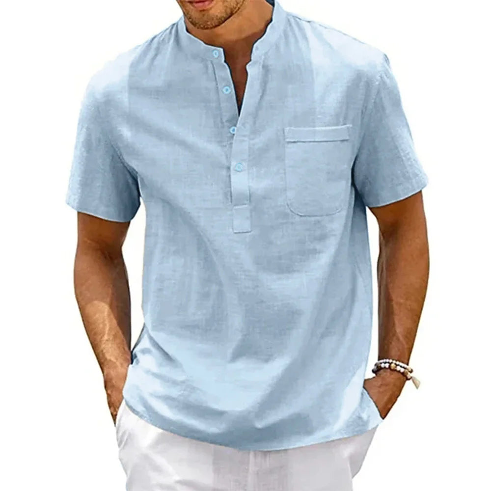 Herren Leinenhemd mit Henley-Kragen