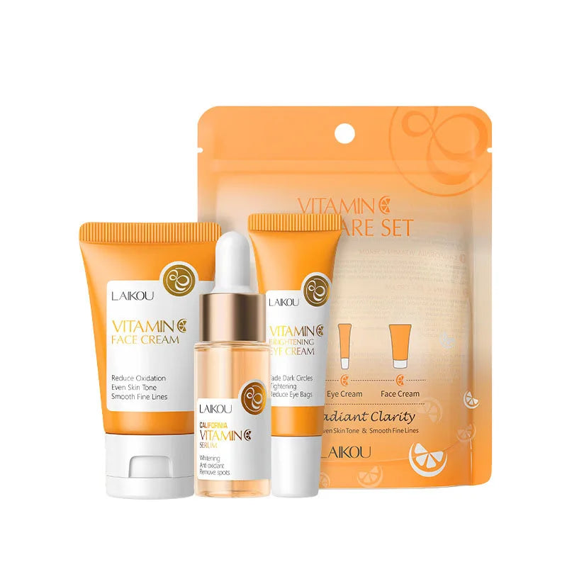 LAIKOU Vitamin C Hautpflege-Sets 3-teilig Gesichtscreme Serum Augencreme Feuchtigkeitsspendend Anti-Falten Gesichtspflege-Kit