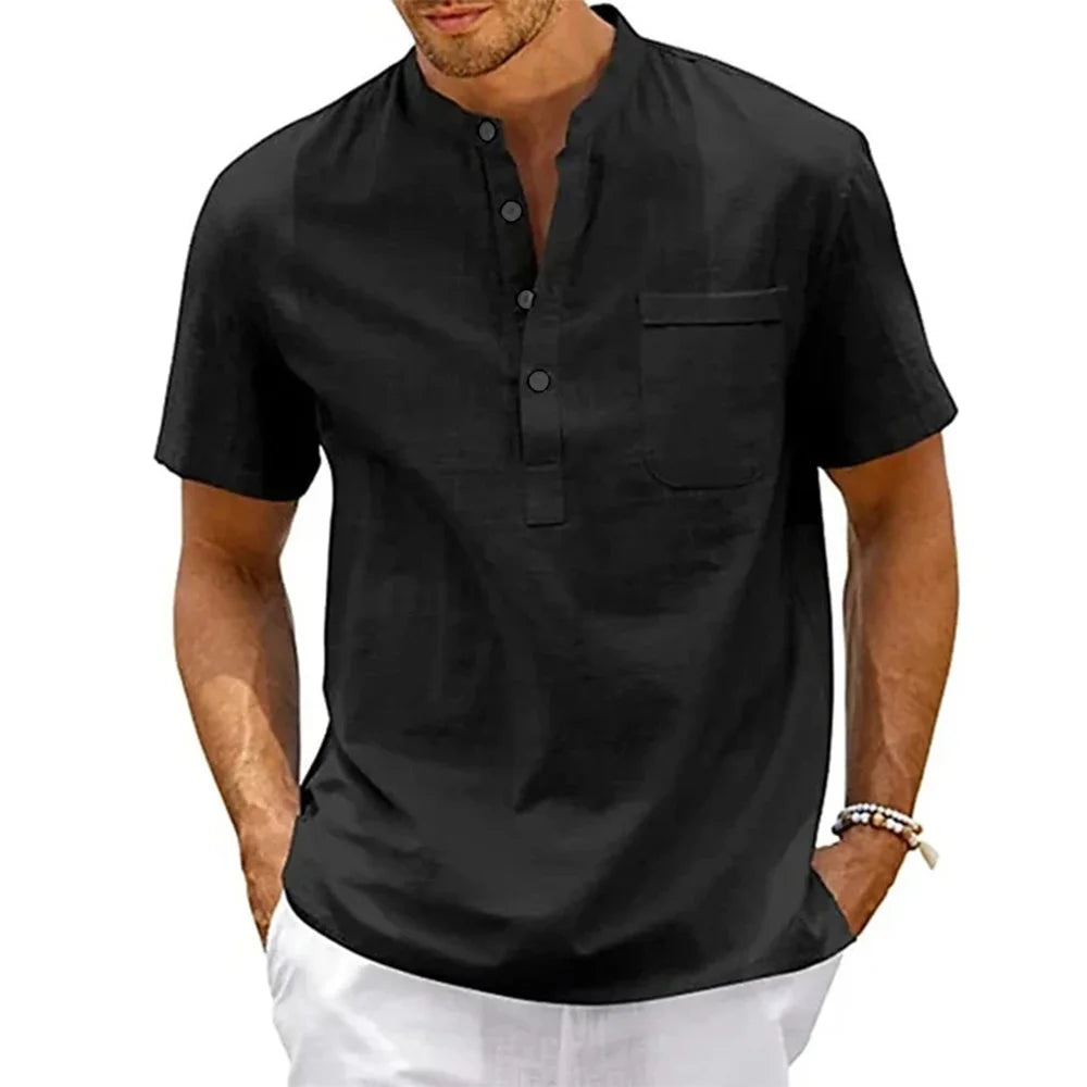 Herren Leinenhemd mit Henley-Kragen