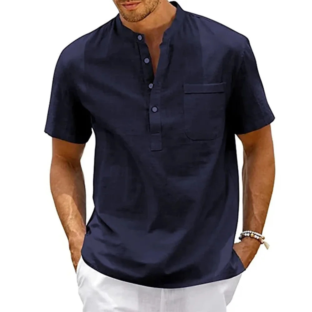Herren Leinenhemd mit Henley-Kragen