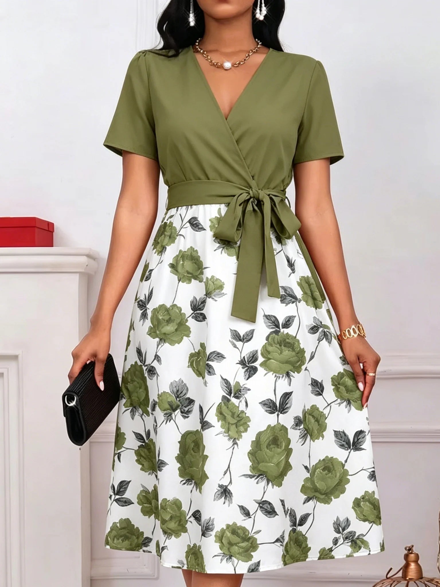 Blumenprint Midikleid mit V-Ausschnitt für Damen