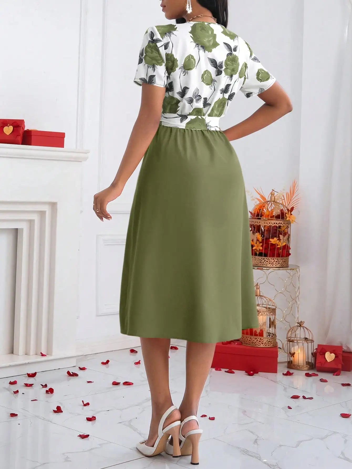 Blumenprint Midikleid mit V-Ausschnitt für Damen