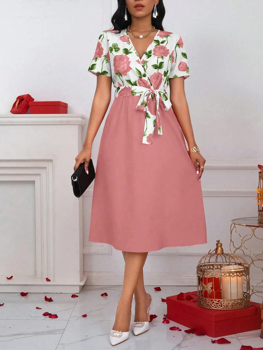 Blumenprint Midikleid mit V-Ausschnitt für Damen