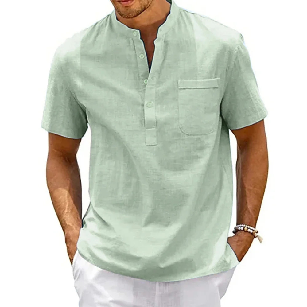 Herren Leinenhemd mit Henley-Kragen