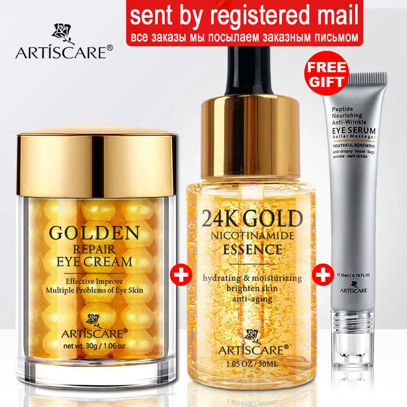 Artiscare 24 Karat Gold Hautpflege Set – Gesichtsessenz, Augencreme & Serum