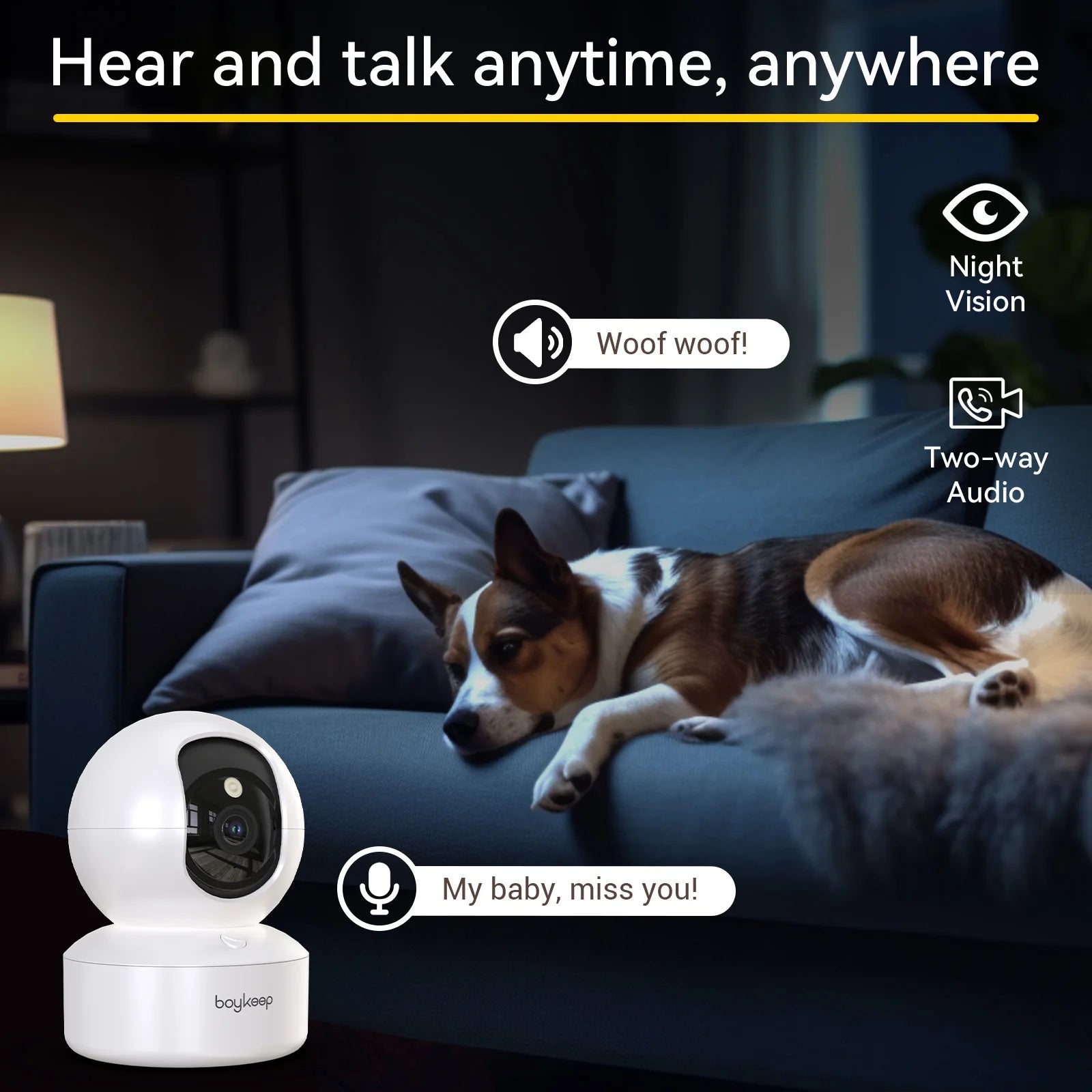 Boykeep 2K Hundekamera mit App – WiFi Innenkamera, 360° Schwenk, Nachtsicht