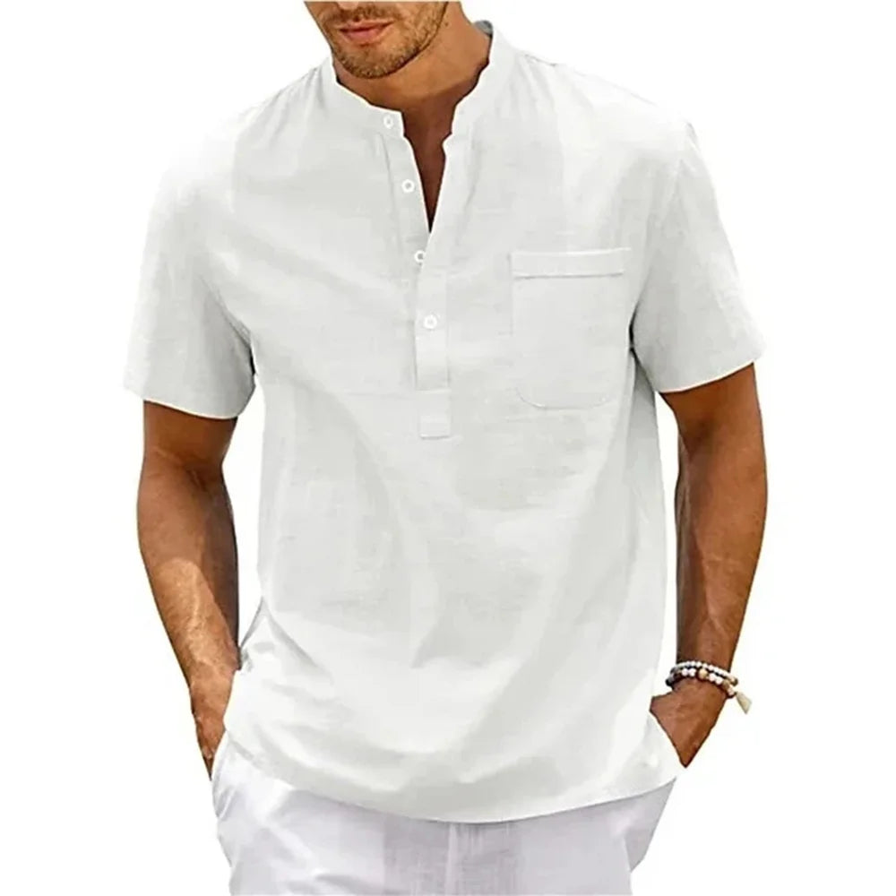 Herren Leinenhemd mit Henley-Kragen