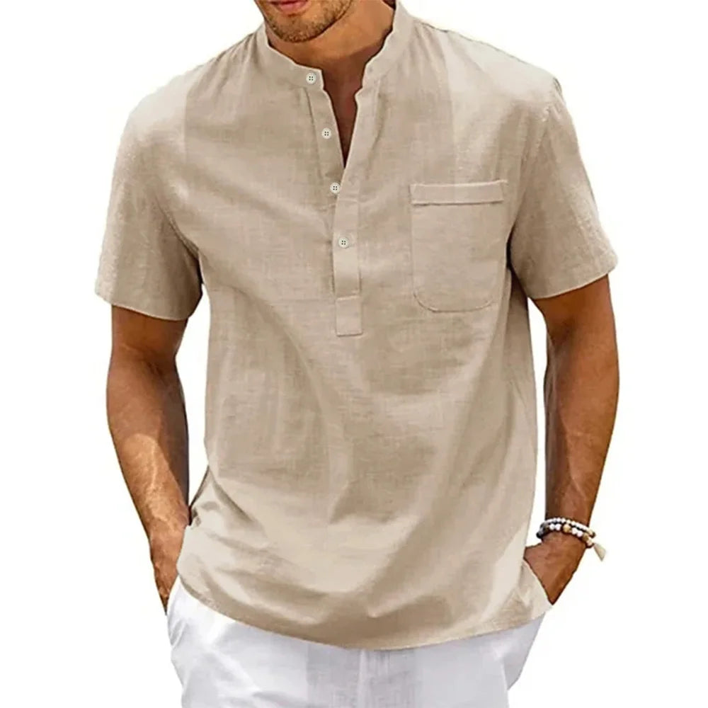 Herren Leinenhemd mit Henley-Kragen