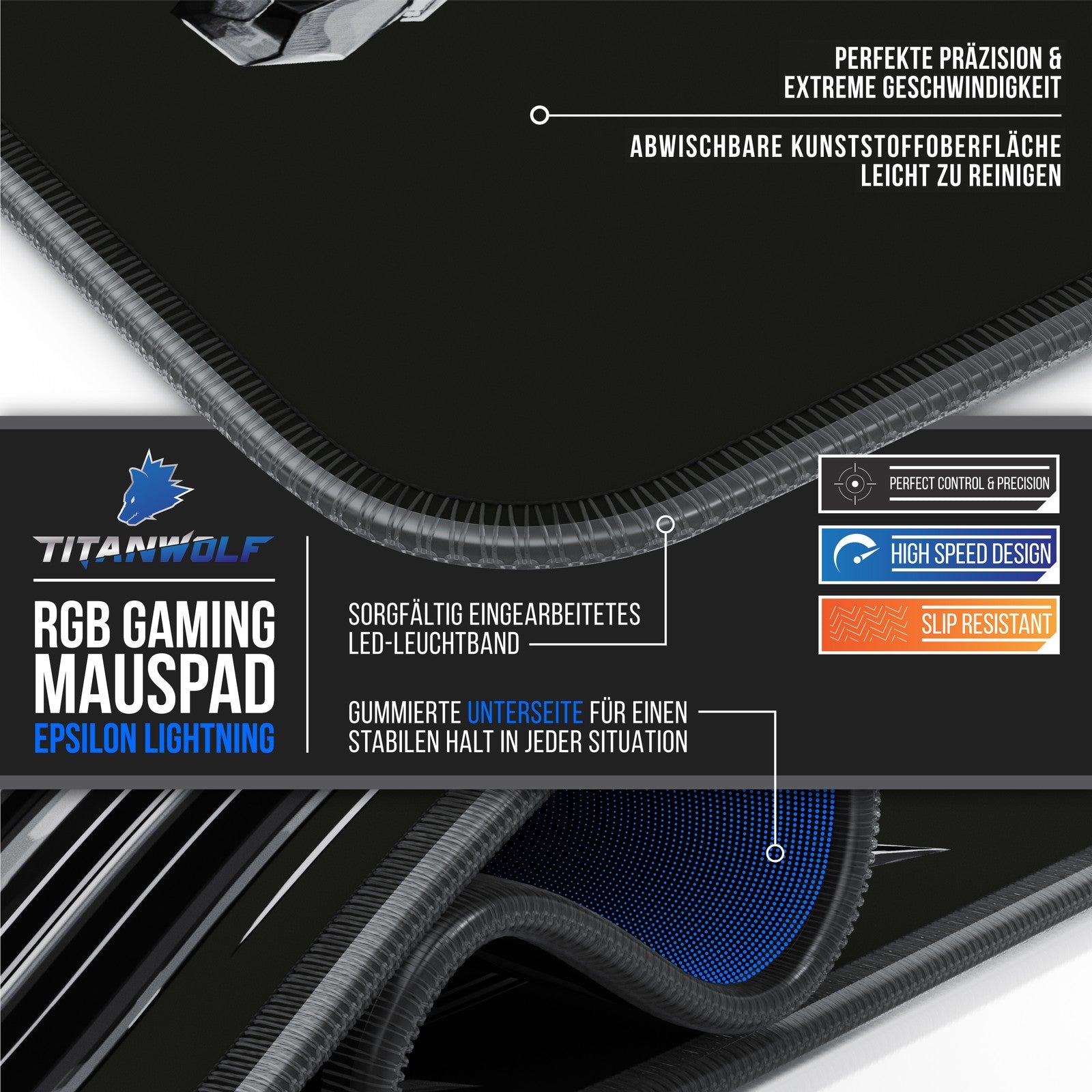 Titanwolf Lightning RGB Gaming Mauspad 800 X 300 X 4Mm Xl-Formal LED Multi Color